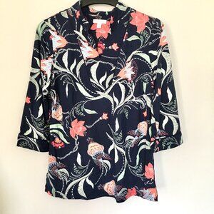 CHARTER CLUB Womens Stretch Nylon Split Neck Tunic Top 3/4 Sleeve Navy Floral  M